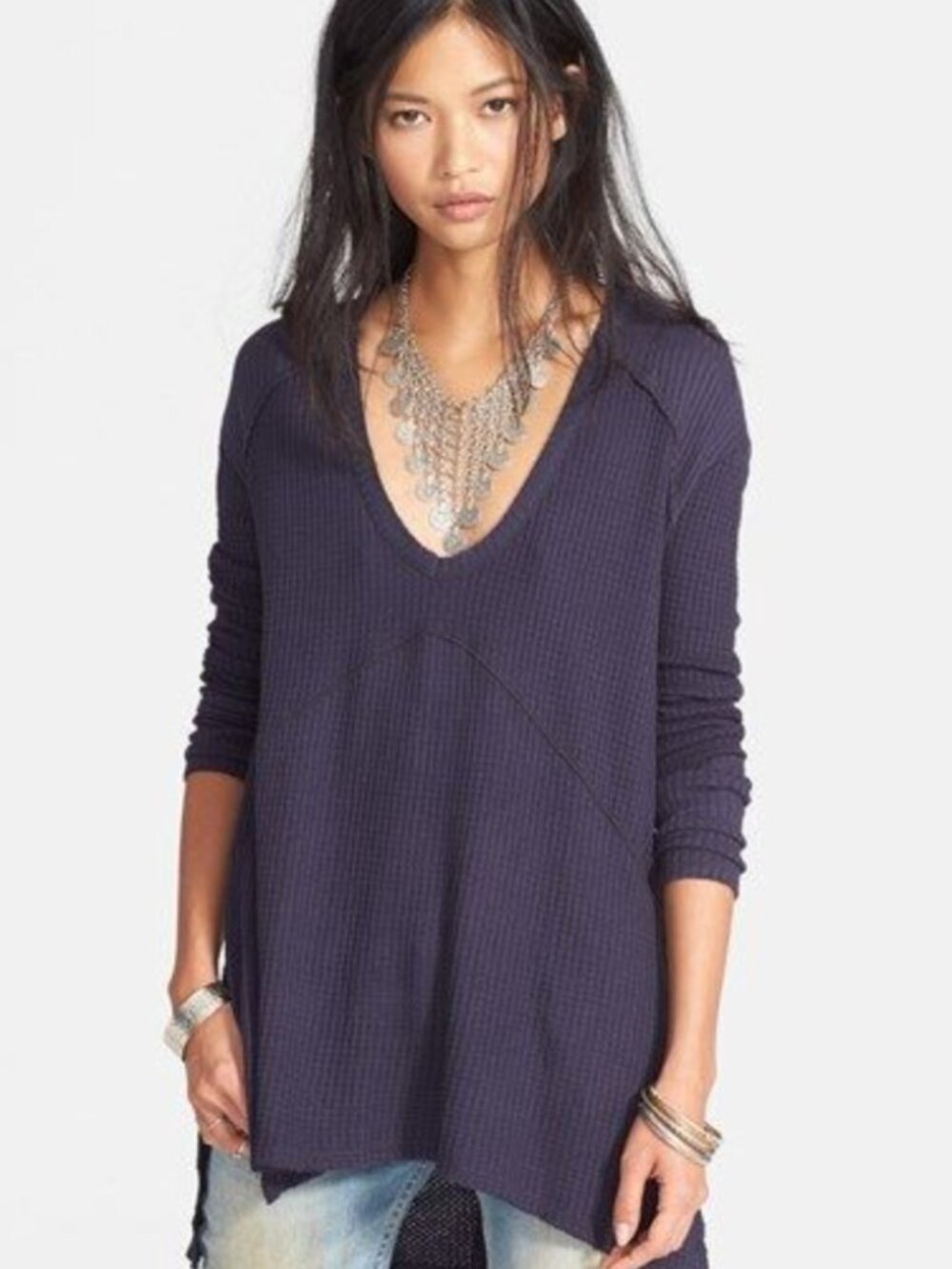 Free People Sunset Park Thermal Waffle Knit Tunic Womens L Wide Vneck Raw Edges